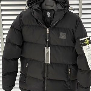 Giubbotto Piumino Imbottito Nero con Cappuccio e Patch Logo